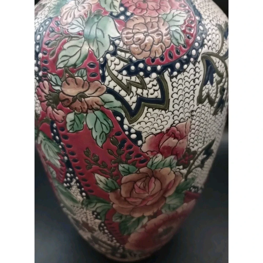 Vintage Tall Textured Porcelain Chinese Vase Hand Painted Raised Flowers 12in